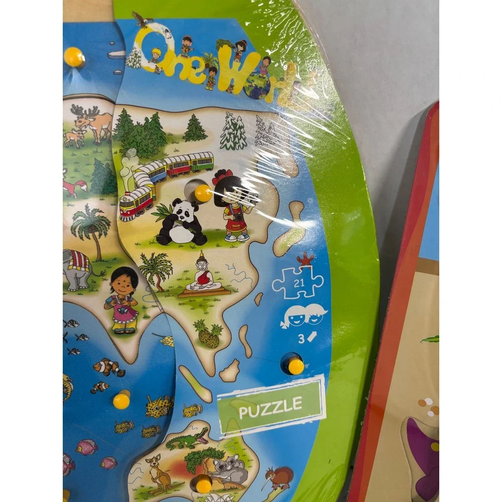 Wooden Puzzle Lot Beleduc One World Map 21pc & Learning Journey‎ Dino 8pc NEW
